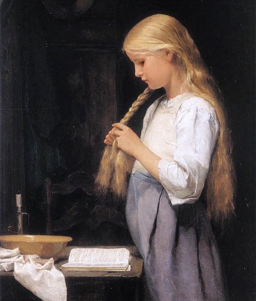 Europe Art Treasures ⠀ ⠀ ⠀ ⠀ ⠀ ⠀ ⠀ ⠀⠀ ⠀ ⠀ ⠀  Treasure: 👉 Girl braiding her hair - 1887 Artist: 🇨🇭 Albert Anker  Where:📍Private Collection  Photo: 📸 @christiesinc  Tag: 🔑#europe_treasures  Family: 👉 @tesori_italiani 🔹🔸🔹🔸🔹🔸🔹🔸🔹🔸🔹🔸🔹🔸🔹🔸🔹 Albrecht Samuel Anker (April 1, 1831 – July 16, 1910) was a Swiss painter and illustrator who has been called the "national painter" of Switzerland because of his enduringly popular depictions of 19th-century Swiss village life.  Born in Ins as the son of veterinarian Samuel Anker (then a member of the constituent assembly of the Canton of Bern), Anker attended school in Neuchâtel, where he and Auguste Bachelin, later a fellow artist, took early drawing lessons with Louis Wallinger in 1845–48.  Anker moved to Paris, where he studied with Charles Gleyre and attended the École nationale supérieure des Beaux-Arts in 1855–60. He installed a studio in the attic of his parents' house and participated regularly in exhibitions in Switzerland and in Paris.  Apart from his regular wintertime stays in Paris, Anker frequently travelled to Italy and other European countries. In 1889–93 and 1895–98 he was a member of the Swiss Federal Art Commission and in 1900 he received an honorary doctorate from the University of Bern.  Soon after returning to Ins he turned to what would become his signature theme: the everyday life of people in rural communities. His paintings depict his fellow citizens in an unpretentious and plain manner, without idealising country life, but also without the critical examination of social conditions that can be found in the works of contemporaries such as Daumier, Courbet or Millet.Although Anker did paint occasional scenes with a social significance, such as visits by usurers or charlatans to the village, his affirmative and idealistic Christian world-view did not include an inclination to issue any sort of overt challenge. 🔹🔸🔹🔸🔹🔸🔹🔸🔹🔸🔹🔸🔹🔸🔹🔸🔹 ⠀ ⠀⠀⠀⠀🏛 Share our Wonderful Heritage 🏛 🔹🔸🔹🔸🔹🔸🔹🔸🔹🔸🔹🔸🔹🔸🔹🔸🔹 #oilpainting #europeanart #artists #paintings #cuadros #cuadro #painting #arte #ins #albertanker #swiss #swissart #switzerland #peintre #kunst Photo by Europe Art Treasures in Ins, Switzerland with @europe_treasures. 이미지: 사람 1명