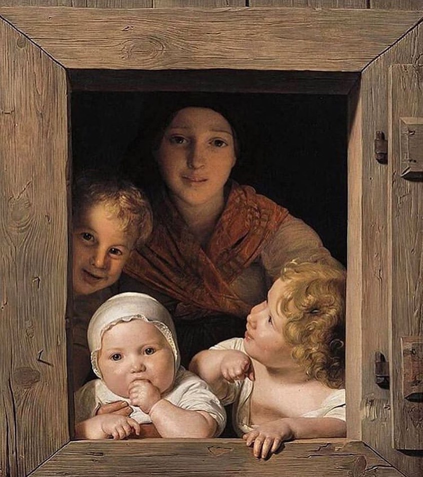 Europe Art Treasures ⠀ ⠀ ⠀ ⠀ ⠀ ⠀ ⠀ ⠀ ⠀ ⠀ ⠀ ⠀  Treasure: 👉 Young Peasant Woman with Three Children in the window - 1840  Artist: 🇦🇹 Ferdinand Georg Waldmüller  Where:📍#Munich - Alte Pinakothek  Photo: 📸 @pinakotheken  Tag: 🔑#europe_treasures  Family: 👉 @tesori_italiani 🔹🔸🔹🔸🔹🔸🔹🔸🔹🔸🔹🔸🔹🔸🔹🔸🔹 “Young Peasant Woman with Three Children in the window” is an oil painting on canvas (85x68 cm) by Austrian painter Ferdinand Georg Waldmüller, housed at the Neue Pinakothek, Munich, Germany. This painting illustrates the mother as the protector and primary educator of her children. The children look out the window from the comfort of the interior onto the outside world, happy inside their home and secure in their closeness to their mother and one another. The sun shines directly on the three children, yet only reflects slightly on the mother, suggesting that she is meant to occupy the feminine space of the home. The children make eye contact with the viewer, as does the mother, yet their gaze represents a fleeting moment. They are contentedly observing the world around them from a place of safety. Is the viewer intended to represent someone the children are encountering on the road, or is the viewer someone only the girl can see—an idea, a thought, a fear materializing out of the landscape? The girl looks at us imploringly as she is uncomfortably situated within the male- dominated outdoor space without the presence of her mother or the comfort of home. Ferdinand Georg Waldmüller 15 January 1793 in Vienna – 23 August 1865 in Hinterbrühl, Austria) was an Austrian painter and writer. Waldmüller was one of the most important Austrian painters of the Biedermeier period. 🔹🔸🔹🔸🔹🔸🔹🔸🔹🔸🔹🔸🔹🔸🔹🔸🔹 ⠀ ⠀⠀⠀⠀🏛 Share our Wonderful Heritage 🏛 🔹🔸🔹🔸🔹🔸🔹🔸🔹🔸🔹🔸🔹🔸🔹🔸🔹 #art #europeanart #artists #artwork🎨 #austrian #austria #vienna #osterreich #österreich #musee #artiste #masterpiece #kunst #museum #autriche #altenationalgalerie #nationalgalerie #pinakothek #kunstwerke #neuepinakothek #family #oilpainting Photo by Europe Art Treasures in Munich, Germany with @pinakotheken, and @europe_treasures. 이미지: 사람 3명, 사람들이 앉아 있는 중, 아기